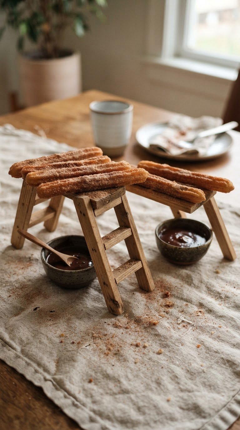 Acrobatic Cinnamon Churros Balanced on Wood Trestles