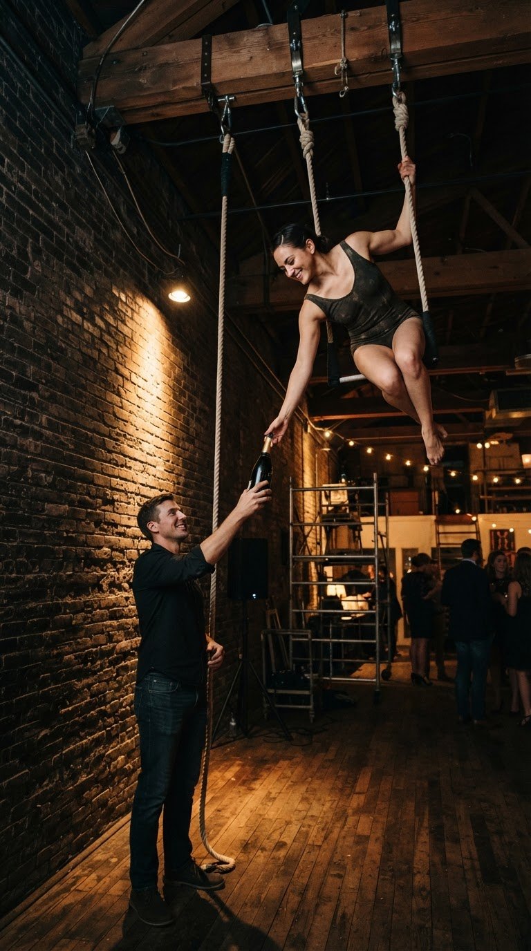 An Inside Look at a Surprise Midnight Trapeze-Style Aerial Toast