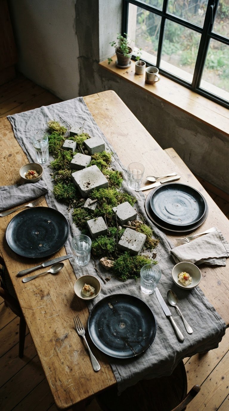 brutalist concrete and moss minimalist birthday table setting