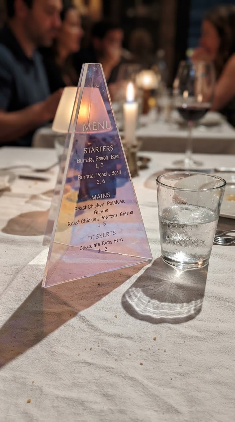 The Retro-Futurist Iridescent Acrylic Menu Pillar