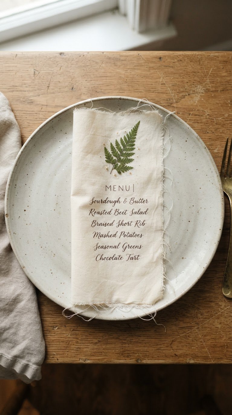 The Hand-Tattered Muslin Scroll Menus with Pressed Ferns