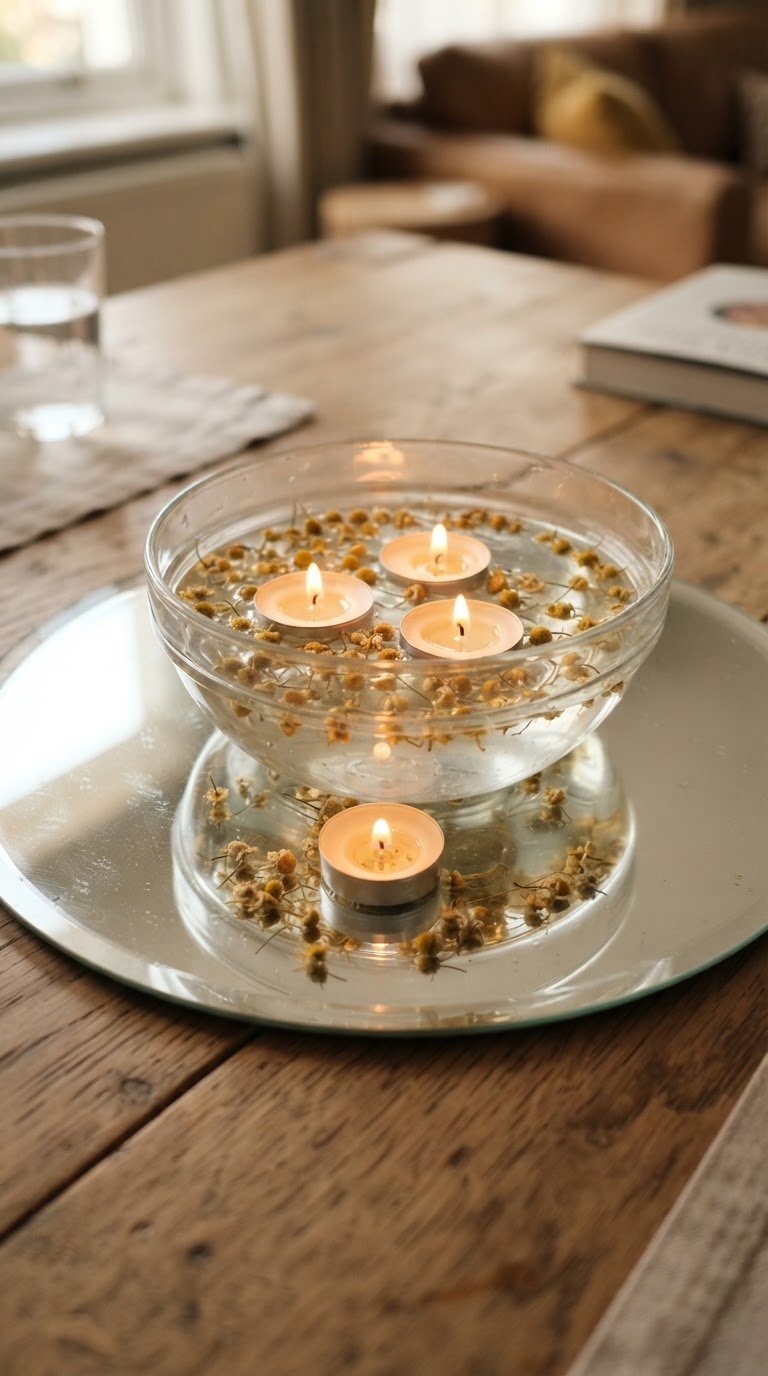 The Mirror-Plate Floating Candle Pools with Dried Chamomile