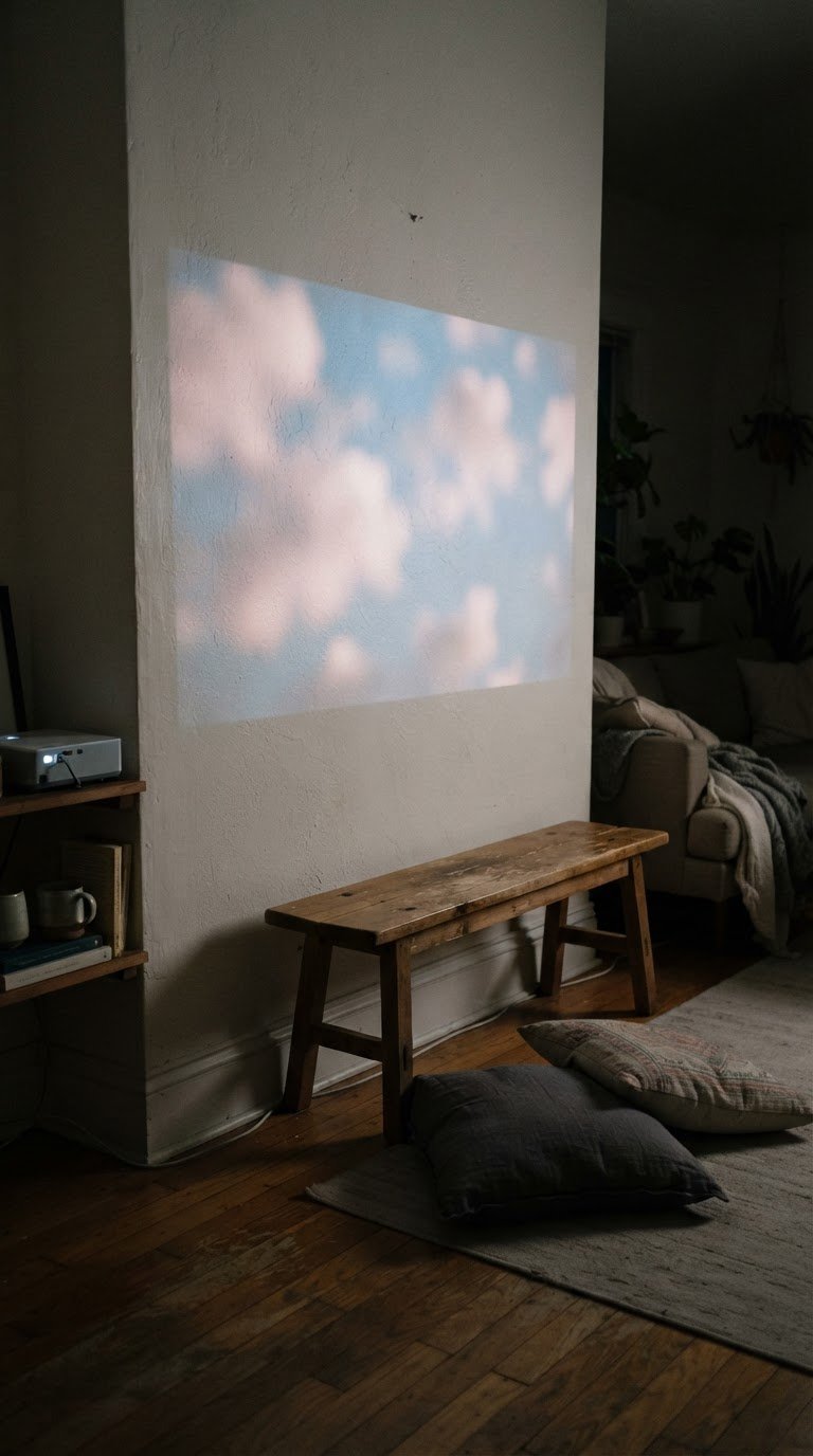 The Soft-Focus Projection Wall with Slow-Moving Cloud Footage
